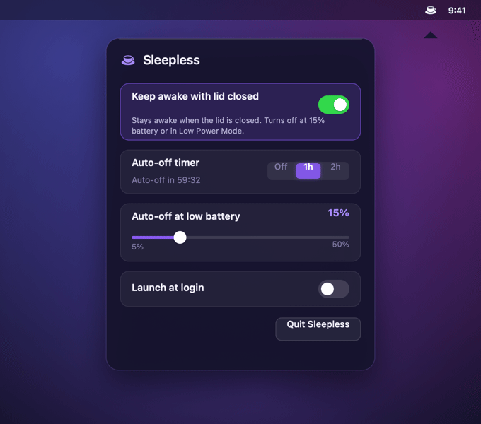 The Sleepless menu-bar popover: a switch, an auto-off timer, a battery-floor slider, and a launch-at-login toggle